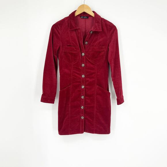 Zara Corduroy Button Down Long Sleeve Shirt Dress Red Blogger Fave Size Small - Picture 1 of 9
